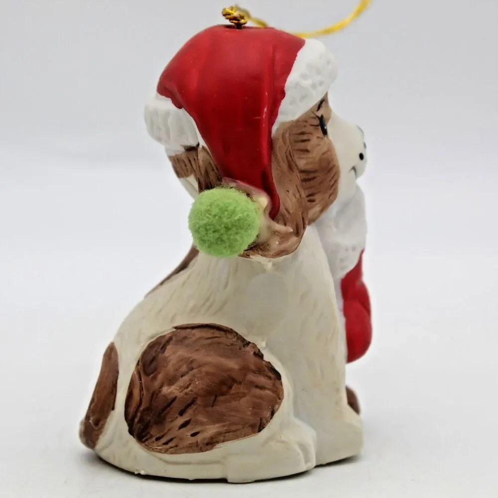 Holly Bells Porcelain Puppy Dog Bell Ornament Vintage 1986 Original Box b